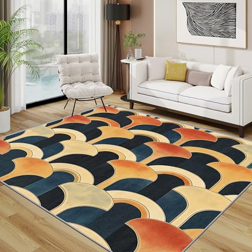 TerroVee Geometrisch Teppich Waschbar, Retro Geometrisch Teppich 80x150 cm, Mid Century Modern rutschfest Waschbar Pflegeleicht Teppiche Für Schlafzimmer Küche, Terrakotta Gelb Marineblau von TerroVee