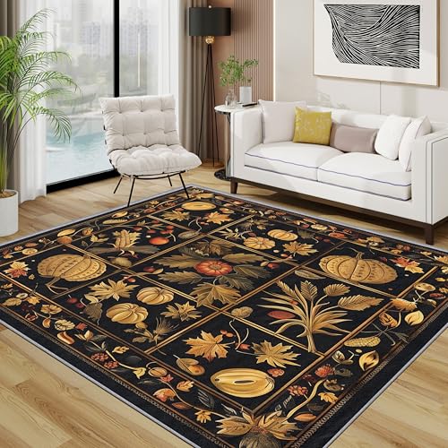 TerroVee Herbst Waschbarer Teppich, Kürbis Herbstdeko Herbsternte Teppich 100x200 cm, Botanisch Küche Kurzflor rutschfest Teppiche Für Schlafzimmer Wohnzimmer, Schwarz Gold von TerroVee