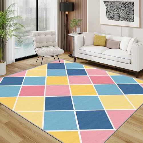 TerroVee Kariert Teppich, Bunt Geometrisch Teppiche rutschfest Waschbar Weich, Retro Diamant Wohnzimmerteppich Schlafzimmer Jugendzimmer, 120x180 cm, Rosa Blau Gelb von TerroVee