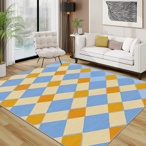 TerroVee Kariert Teppich 200x200 cm, Retro Geometrisch Waschbarer Teppiche Wohnzimmer, Mid Century Modern rutschfest Antirutsch Groß Teppiche Für Esszimmer, Quadratisch, Blau Gelb Orange von TerroVee