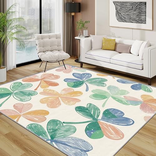 TerroVee Kleeblatt Teppich, Bunt Abstrakt Kleeblatt Kleiner Teppich, St. Patrick's Day Waschbar Kurzflor Weich Teppiche Eingangsbereich Innen Küche, 60x90 cm, Creme Grün Orange von TerroVee