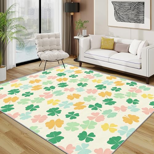 TerroVee Kleeblatt Teppich Waschbar, Süß Kleeblatt Teppich 80x150 cm, St. Patrick's Day Blätter rutschfest Waschbar Pflegeleicht Teppiche Für Schlafzimmer Küche, Rosa Grün Gelb von TerroVee