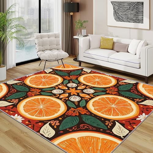 TerroVee Orange Teppich Schlafzimmer, Tropisch Frucht Teppich 120x170 cm, Retro Früchte Küche Waschbar Kurzflor Antirutsch Teppiche Für Wohnzimmer Schlafzimmer, Orange von TerroVee