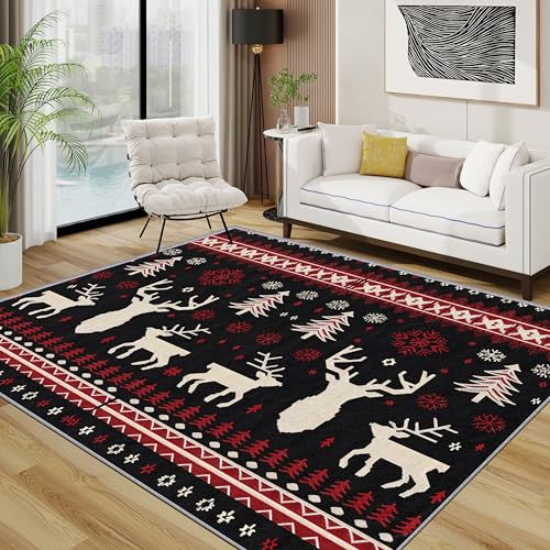 TerroVee Rentier Teppich, Weihnachtsbaum Schneeflocke Teppiche rutschfest Waschbar Weich, Weihnachts Schneeflocken Wohnzimmerteppich Schlafzimmer Jugendzimmer, 120x180 cm, Schwarz Rot Weiß von TerroVee