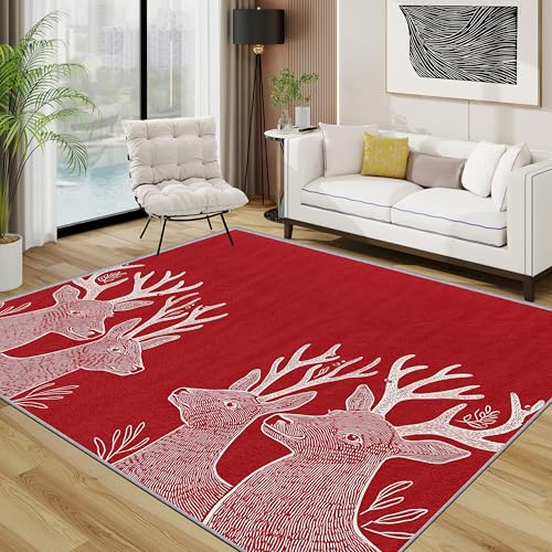 TerroVee Rentier Teppich Wohnzimmer 200x300 cm,Rot Weihnachten Teppiche Waschbar Für Schlafzimmer,Weihnachts Waschbar rutschfest Weich Groß Esszimmer, Rot von TerroVee