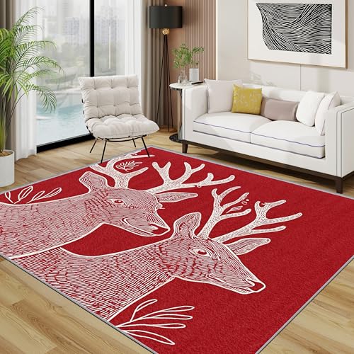 TerroVee Rentier Teppich Wohnzimmer 200x300 cm,Rot Weiß Weihnachts Elch Teppiche Waschbar Für Schlafzimmer,Weihnachten Tiere Waschbar rutschfest Weich Groß Esszimmer, Weiß Rot von TerroVee