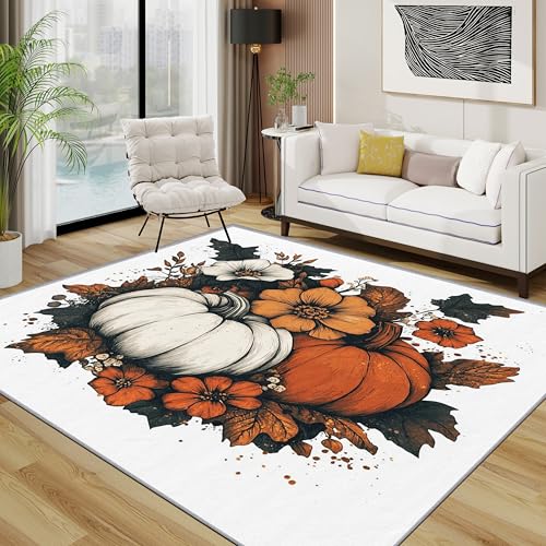 TerroVee Thanksgiving Teppich, Herbst Kürbis Teppiche rutschfest Waschbar Weich, Herbstdeko Wohnzimmerteppich Schlafzimmer Jugendzimmer, 120x180 cm, Weiß Orange von TerroVee