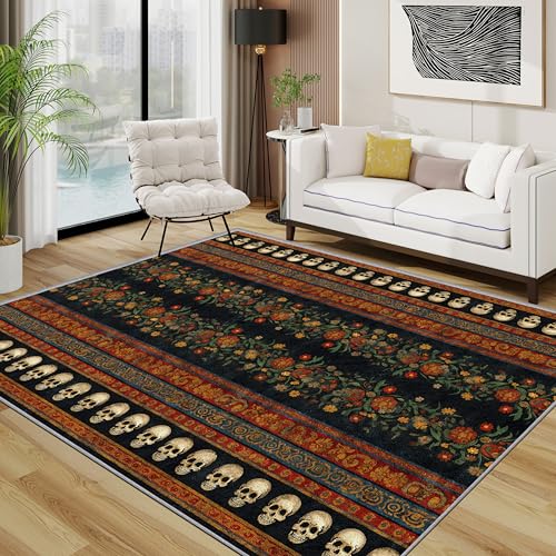 TerroVee Totenkopf Teppich, Gothic Halloween Tag Der Toten Teppiche rutschfest Waschbar Weich, Vintage Distressed Wohnzimmerteppich Schlafzimmer Jugendzimmer, 120x180 cm, Beige Rot Orange von TerroVee