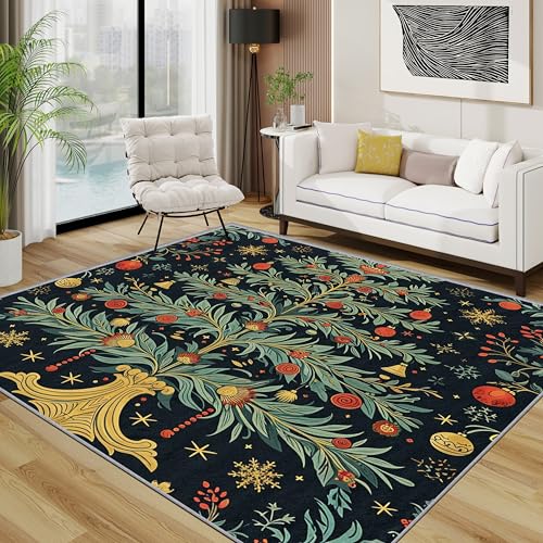 TerroVee Weihnachtsbaum Teppich Schlafzimmer, Weihnachten Weihnachtsdeko Teppich 120x170 cm, Weihnachten Tannenbäum Waschbar Kurzflor Antirutsch Teppiche Für Wohnzimmer Schlafzimmer, Rot Gold Grün von TerroVee