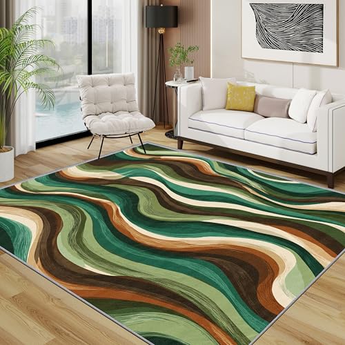 TerroVee Wellen Teppich Wohnzimmer 200x300 cm,Abstrakt Wellenmuster Retro Geometrisch Teppiche Waschbar Für Schlafzimmer,Mid Century Modern Waschbar rutschfest Weich Groß Esszimmer, Grün Braun Beige von TerroVee