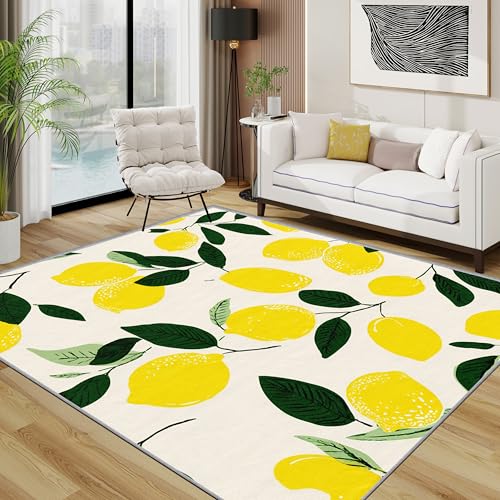 TerroVee Zitrone Teppich Wohnzimmer 200x300 cm,Zitronenmuster Gelb Frucht Küche Teppiche Waschbar Für Schlafzimmer,Zitronen Früchte Waschbar rutschfest Weich Groß Esszimmer, Gelb Grün Creme von TerroVee