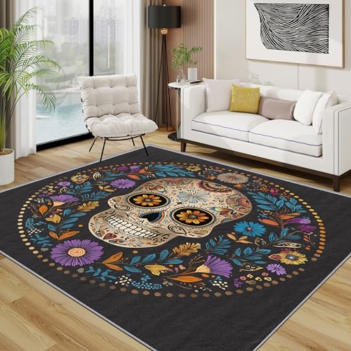 TerroVee Zuckerschädel Waschbarer Teppich, Skelett Teppich 100x200 cm, Halloween Horror Kurzflor rutschfest Teppiche Für Schlafzimmer Wohnzimmer, Schwarz Violett Blau TerroVee Zuckerschädel Waschbarer Teppich, Skelett Teppich 100x200 cm, Halloween Horror Kurzflor rutschfest Teppiche Für Schlafzimmer Wohnzimmer, Schwarz Violett Blau von TerroVee