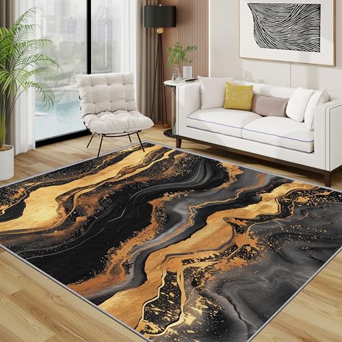 Textur Teppich Wohnzimmer 200x300 cm,Modern Luxus Kunst Teppiche Waschbar Für Schlafzimmer,Schwarz Gold Waschbar rutschfest Weich Groß Esszimmer, Gold Schwarz von TerroVee