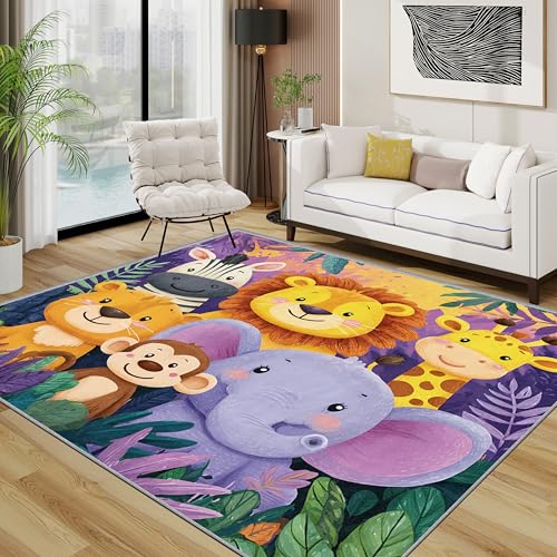 Tiere Teppich 140x200 cm, Kinderzimmer Safari Dschungel Tiere Teppich Wohnzimmer, Süße Cartoon Zootiere Kurzflor rutschfest Pflegeleicht Teppiche Für Jugendzimmer Schlafzimmer, Blau Gelb Grün Tiere Teppich 140x200 cm, Kinderzimmer Safari Dschungel Tiere Teppich Wohnzimmer, Süße Cartoon Zootiere Kurzflor rutschfest Pflegeleicht Teppiche Für Jugendzimmer Schlafzimmer, Blau Gelb Grün von TerroVee