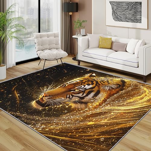 Tiger Teppich Wohnzimmer 200x300 cm,Gold Fantasty Teppiche Waschbar Für Schlafzimmer,Luxus Künstler Tierwelt Waschbar rutschfest Weich Groß Esszimmer, Gold Schwarz Weiß von TerroVee