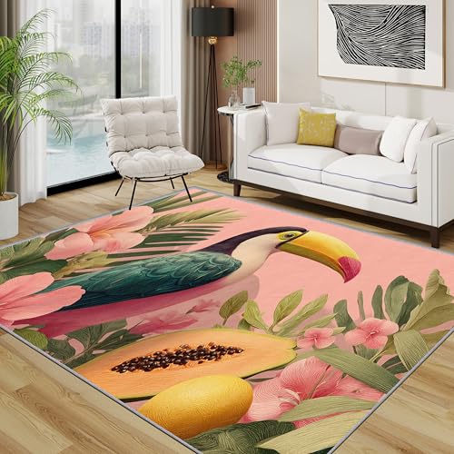 Tukan Teppich, Tropisch Dschungel Vogel Blumen Frucht Teppich Eingang, Urlaub Mädchen Kurzflor Waschbar Antirutsch Klein Teppiche, 50x80 cm, Grün Rosa von TerroVee