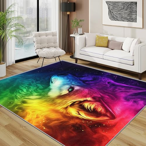 Wolf Teppich 140x200 cm, Regenbogen wölfe Tiere Teppich Wohnzimmer, Bunt Wölfe Kurzflor rutschfest Pflegeleicht Teppiche Für Jugendzimmer Schlafzimmer, Grün Gelb Rosa Wolf Teppich 140x200 cm, Regenbogen wölfe Tiere Teppich Wohnzimmer, Bunt Wölfe Kurzflor rutschfest Pflegeleicht Teppiche Für Jugendzimmer Schlafzimmer, Grün Gelb Rosa von TerroVee