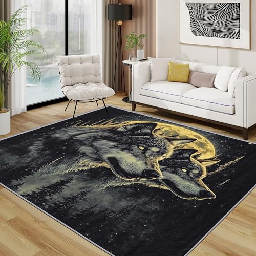 Wolf Teppich Schlafzimmer, Mond Wölfe Tiere Teppich 120x170 cm, Wald Natur Tierwelt Waschbar Kurzflor Antirutsch Teppiche Für Wohnzimmer Schlafzimmer, Schwarz Grau Gold von TerroVee