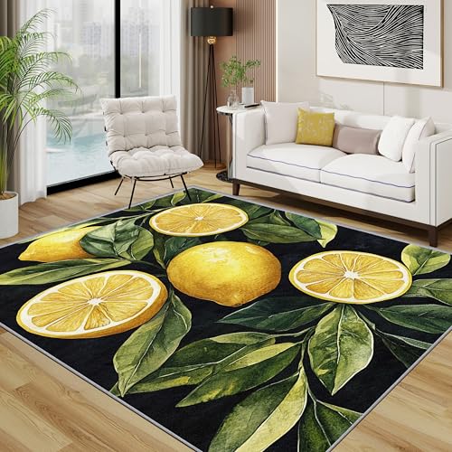 Zitrone Teppich Waschbar, Grün Blatt Frucht Küche Teppich 80x150 cm, Vintage Botanisch rutschfest Waschbar Pflegeleicht Teppiche Für Schlafzimmer Küche, Gelb Grün von TerroVee