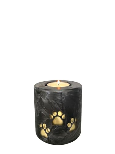 Urne Hund Urne Katze aus Glas mit Pfotenabdruck – Handdekorierte Gedenkkerze – Ascheurne für Haustiere – Farben: Schwarz-Gold oder Gold-Schwarz – Höhe: 9 cm oder 13 cm (Schwarz-Gold, Höhe: 9 cm) von Terroso