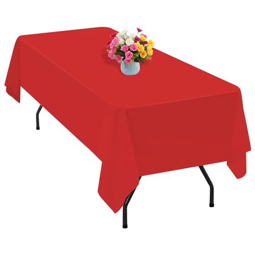 1 Packung rote Polyester-Tischdecke für 2,4 m große rechteckige Tische, 153 x 320 cm Polyester-Stoff-Tischdecke, knitterfrei, waschbar, für Hochzeit, Geburtstag, Party, Bankett-Dekoration von Teruntrue