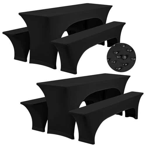 2er-Set Bierzeltgarnitur Hussen 3-teilig, Schwarz elastische Biertischhussen und Bierbank-Abdeckung, 50 cm Tischbreite, wasserdichte Tischdecke Bierzeltgarnitur 220 x 50 x 70 cm für Im Freien, Garten von Teruntrue