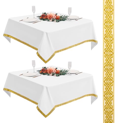 2er-Set Weiße Quadratische Tischdecken 132x132cm mit Goldfaden-Jacquard, Polyester Tischbelag für Kartentisch | Spülmaschinenfest für Hochzeit Camping Buffet von Teruntrue