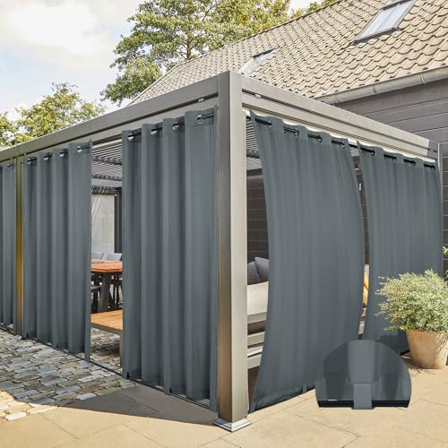 4 Stücke Outdoor Vorhang Wetterfest mit Ösen, Outdoorvorhänge Balkon Vorhang Terrasse Vorhänge Outdoor Gardinen Sonnenschutz & Sichtschutz Vorhänge mit Schlaufen Unten, H213 x B132 cm Dunkelgrau von Teruntrue