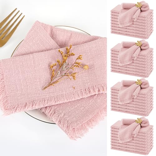 40 Packungen rosa Stoffservietten, Baumwoll-Leinen-Servietten, Großpackung, 41,9 x 41,9 cm, Altrosa, handgefertigte Gaze-Servietten mit Fransen, natürliche, weiche Baumwolle, rustikale von Teruntrue