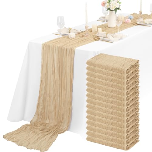Käsetuch Tischläufer 15 Stück Beige Seihtuch Tischläufer Transluzent Tüll Tischdecke 55x400cm, Rustikaler Gaze-Stoff Boho-Tischläufer für Hochzeitsfeier Brautparty Tischdekoration von Teruntrue