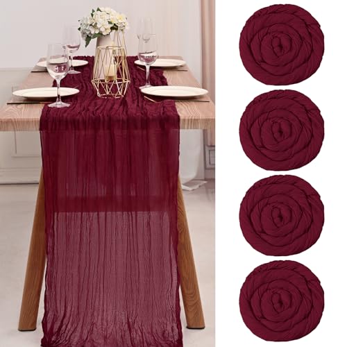 Käsetuch Tischläufer 4 Stück Burgunder Rot Tischfahne Transluzent Tischfahne Tüll Tischdecke 10 ft Bohemian Stil Land Dekoration Küche Hochzeit Urlaub Party Supplies (Burgunder 300cm) von Teruntrue