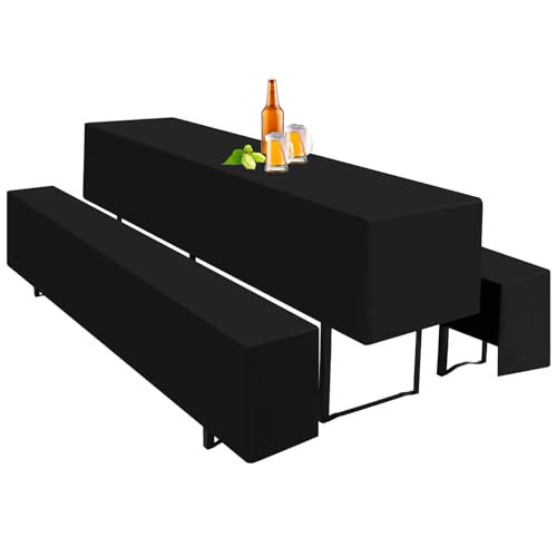 Teruntrue Bierzeltgarnitur Set 3tlg. Einzigartig Gestaltete Hussen für Bierzeltgarnitur 220 x 70cm – 1 Husse Biertisch + 2 Bierbank in Schwarz - Biertischhusse Bierbankhusse – Schwarz von Teruntrue