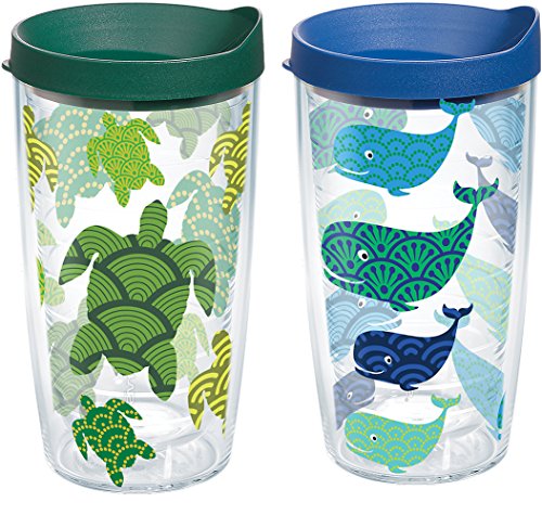 Tervis Turtle and Whale Pattern Schildkröten- und Walmuster Becher mit Wickeltuch und sortiertem Deckel, 2 Stück, Kunststoff, farblos von Tervis