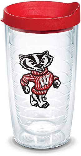 Tervis Wisconsin Badgers Bucky Badger Maskottchen mit Emblem und rotem Deckel, 473 ml, transparent von Tervis