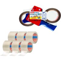 Tesa - Verpackungsset: Handabroller mit 2 Rollen pack® Extra Strong (pvc, braun, 66 m x 50 mm) + 6 Rollen pack® 64014 (pp, transparent, geräuscharm, von Tesa