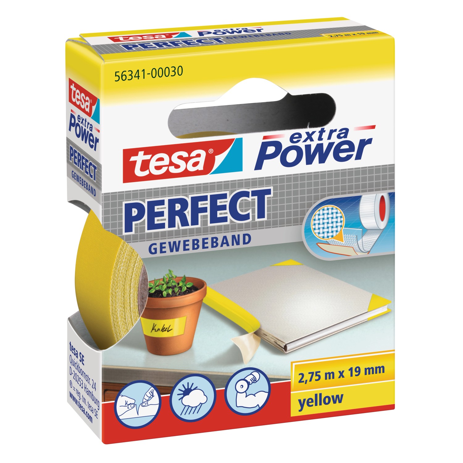 Tesa Extra Power Perfect Gewebeband Gelb 2,75 m x 19 mm von Tesa