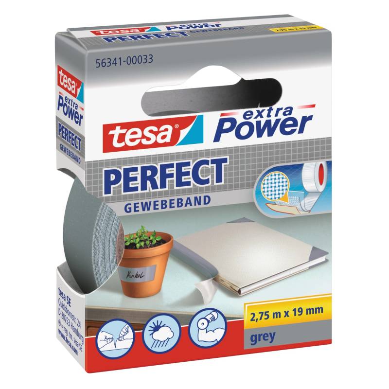 Tesa Extra Power Perfect Gewebeband Grau 2,75 m x 19 mm von Tesa