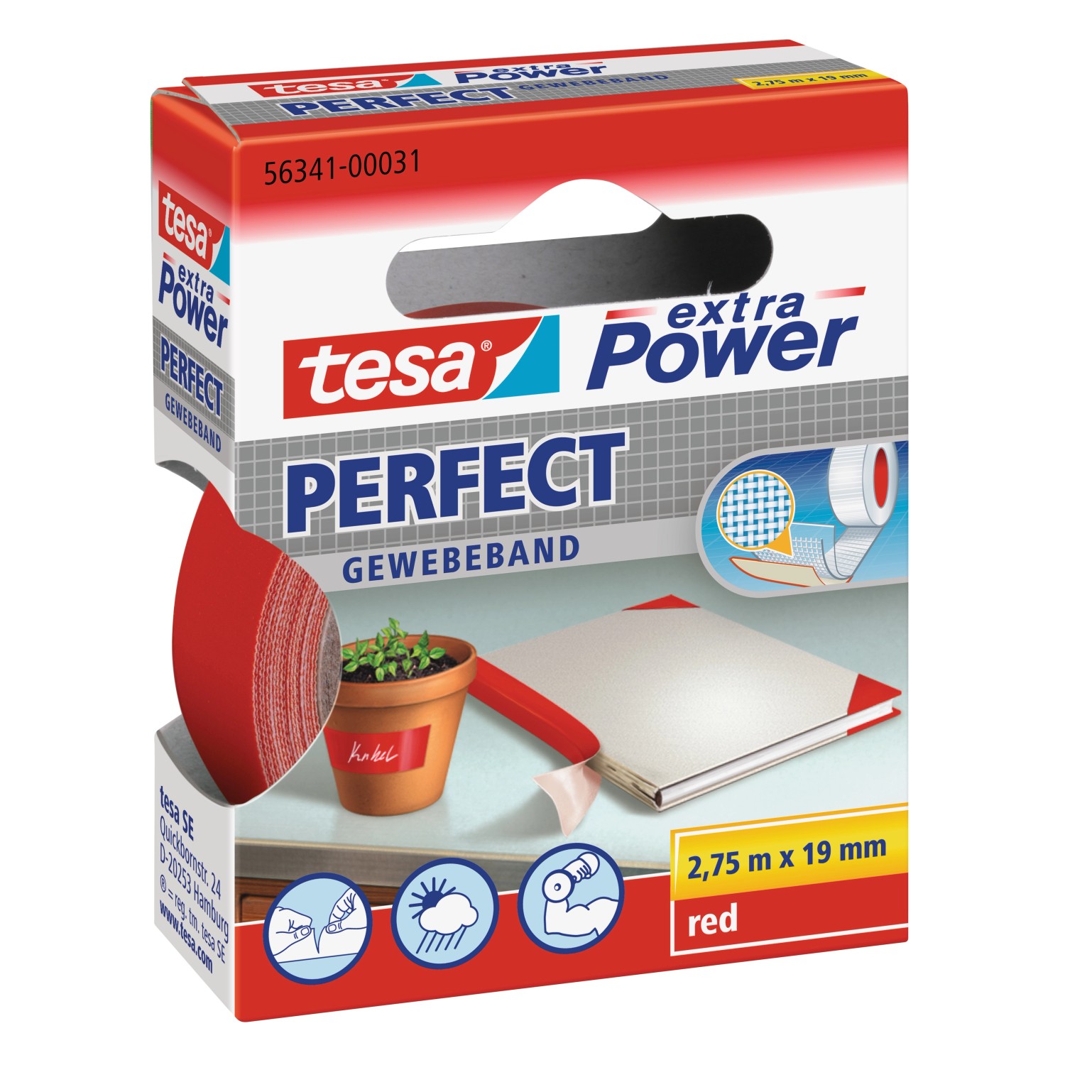 Tesa Extra Power Perfect Gewebeband Rot 2,75 m x 19 mm von Tesa