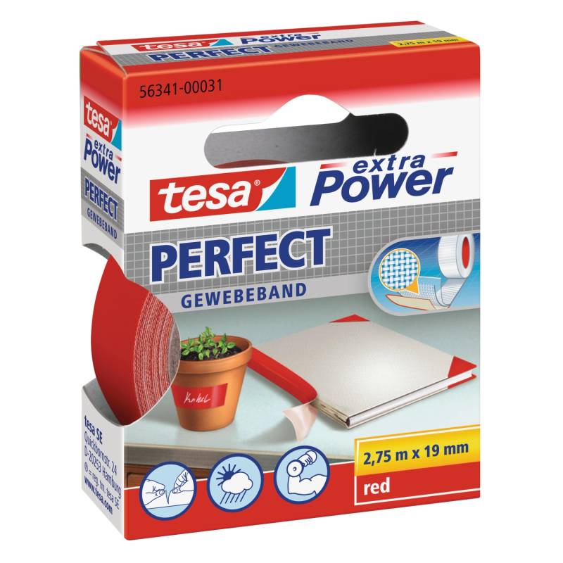 Tesa Extra Power Perfect Gewebeband Rot 2,75 m x 19 mm von Tesa