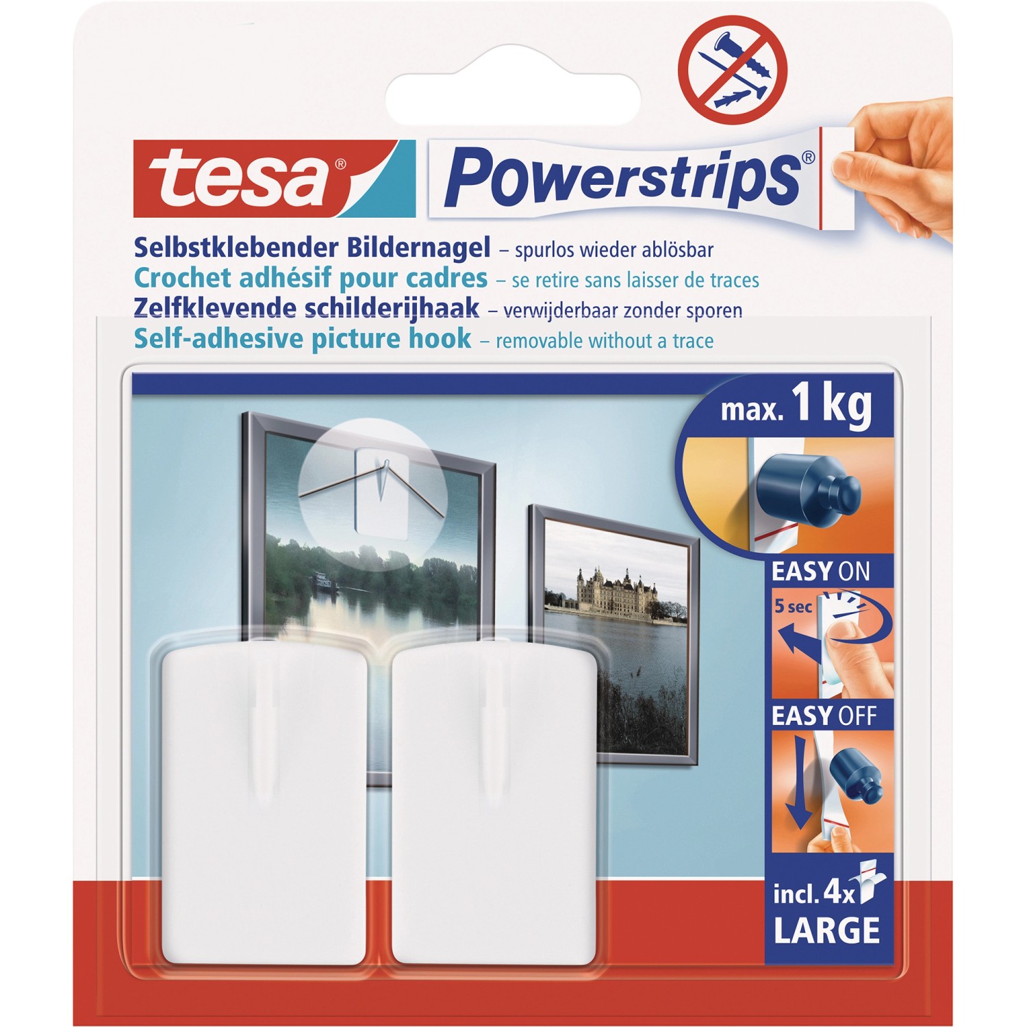 Tesa Powerstrips Bildernagel Weiß 2 Stück mit 4 x Powerstrips Large von Tesa