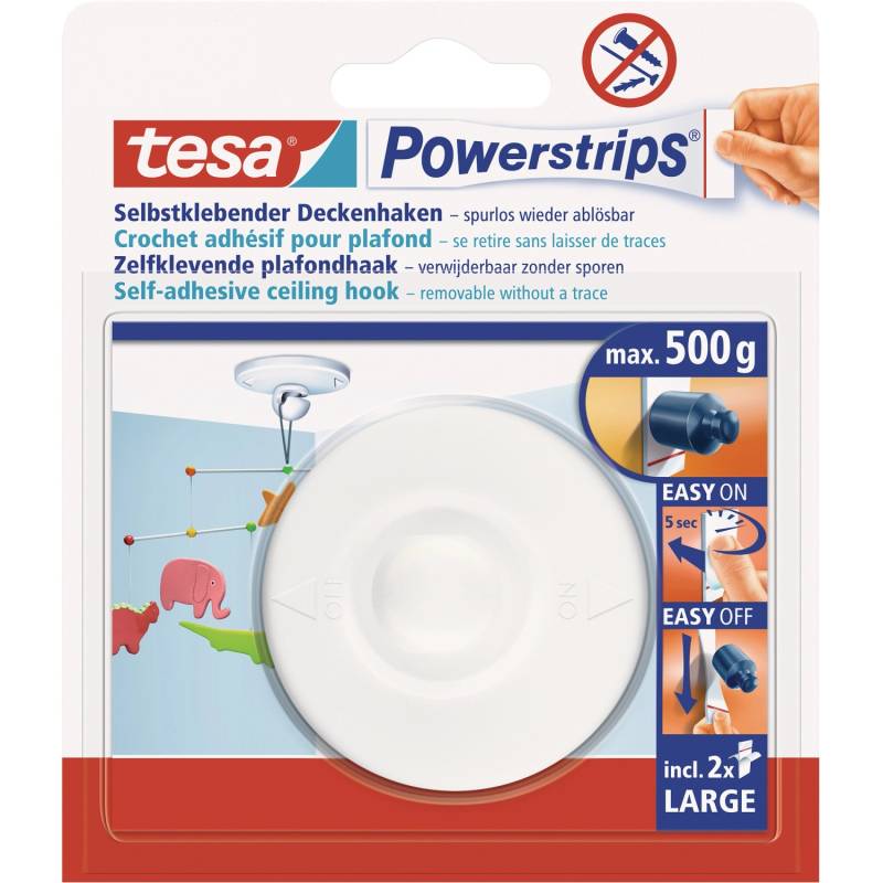 Tesa Powerstrips Deckenhaken Weiß mit 2 x Powerstrips Large von Tesa