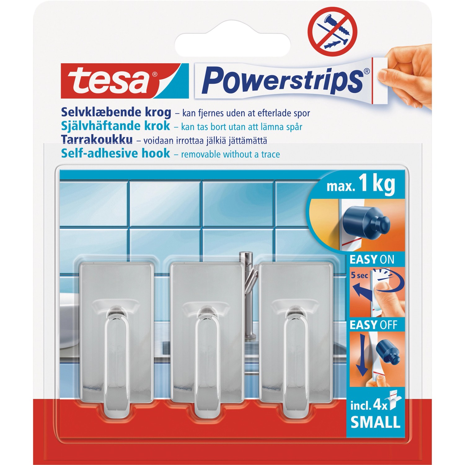 Tesa Selbstklebehaken Chrom eckig 3 Stück mit 4 x Powerstrips Small von Tesa