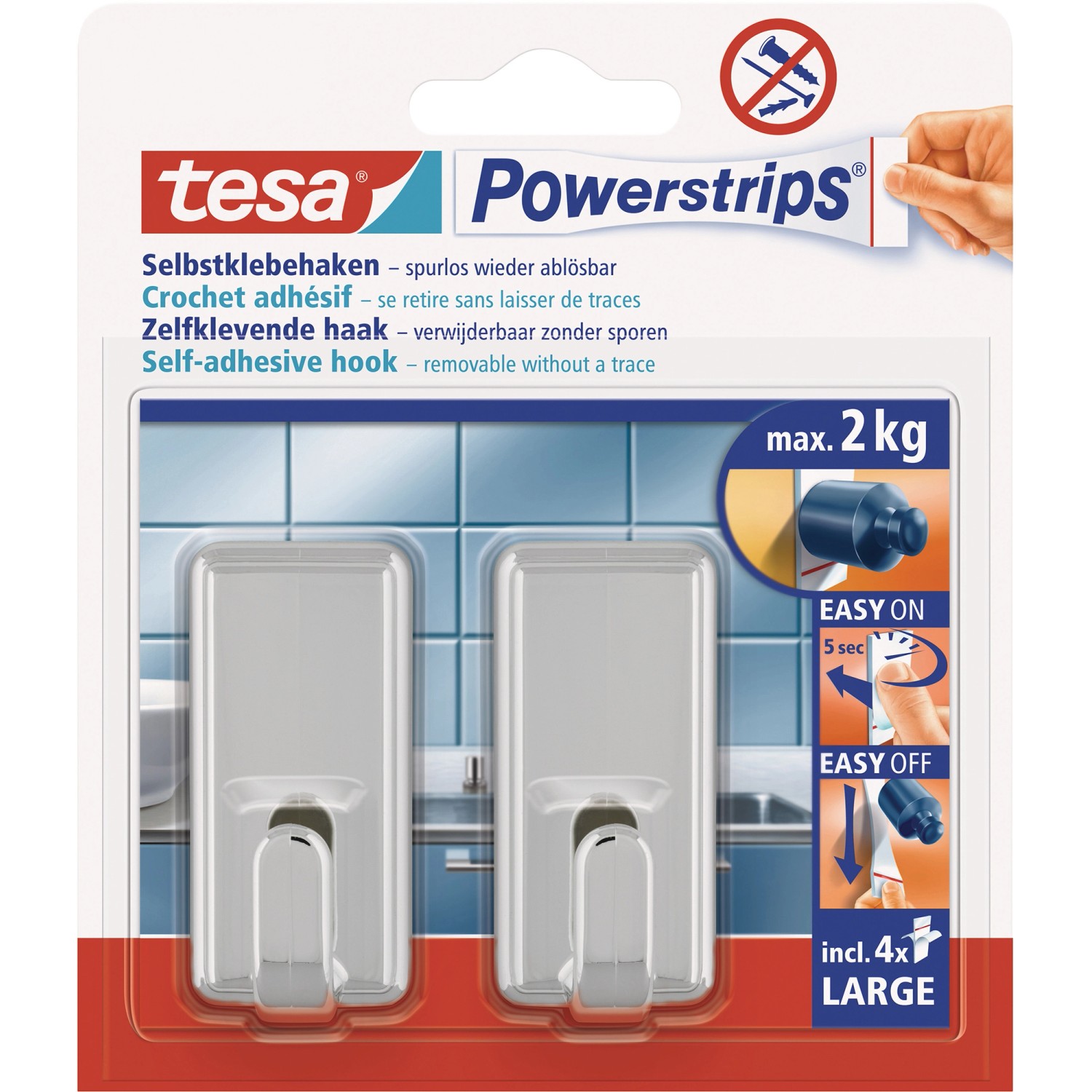 Tesa Selbstklebehaken Chrom glänzend eckig 2 Stück mit 4 x Powerstrips Large von Tesa