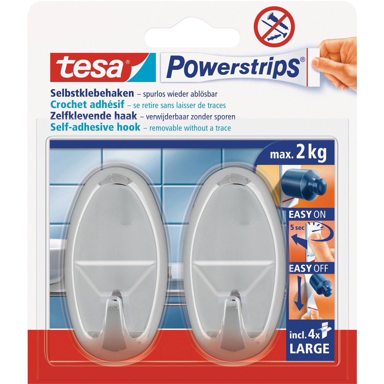 Tesa Selbstklebehaken Chrom glänzend oval 2 Stück mit 4 x Powerstrips Large von Tesa