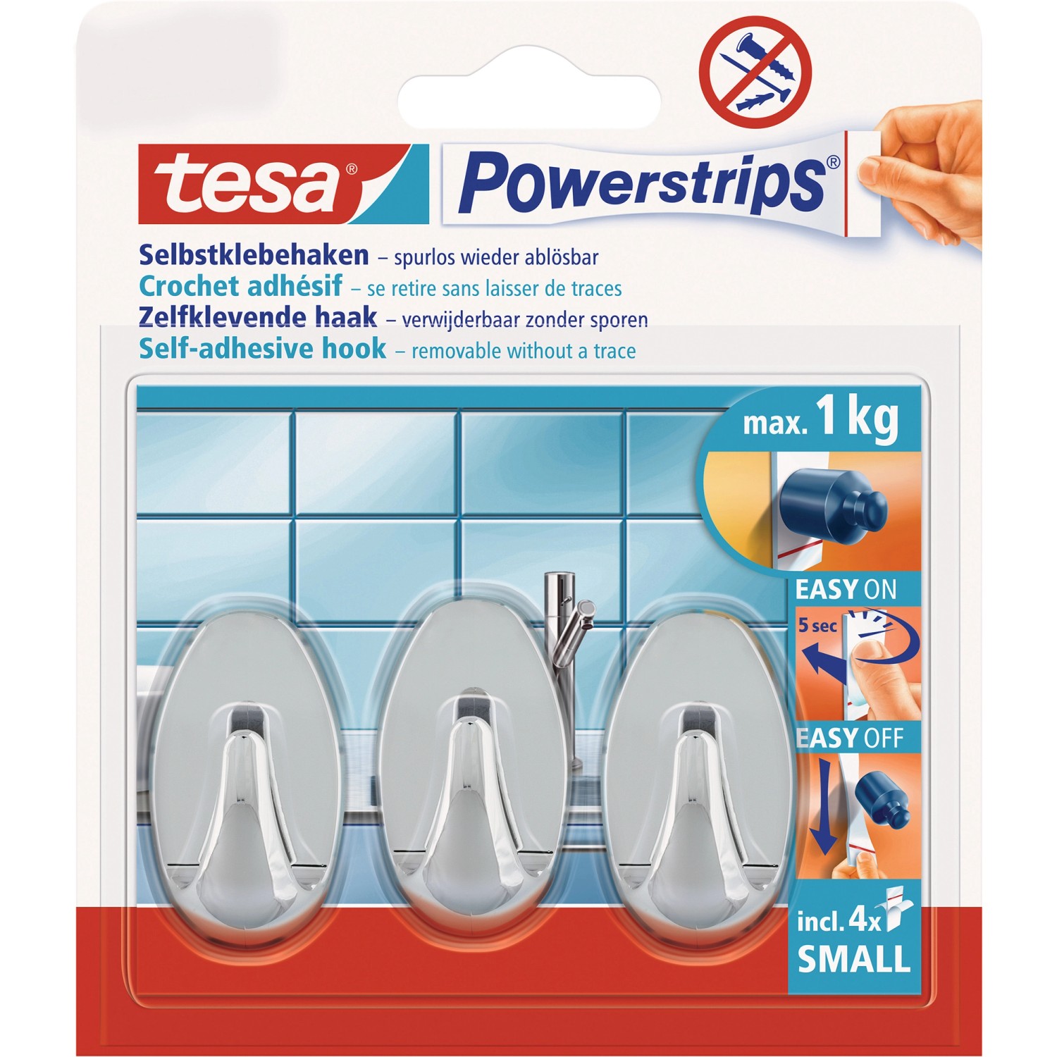 Tesa Selbstklebehaken Chrom glänzend oval 3 Stück mit 4 x Powerstrips Small von Tesa