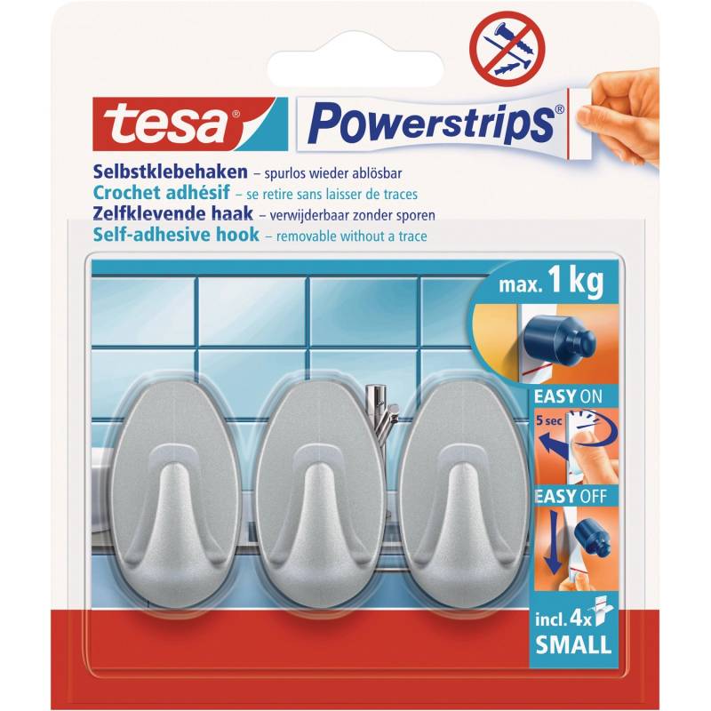 Tesa Selbstklebehaken Chrom matt oval 3 Stück mit 4 x Powerstrips Small von Tesa