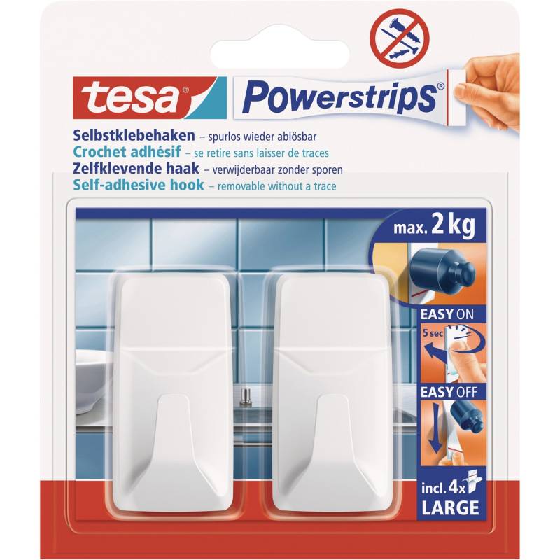 Tesa Selbstklebehaken Kunststoff 2 Stück mit 4 x Powerstrips Large von Tesa