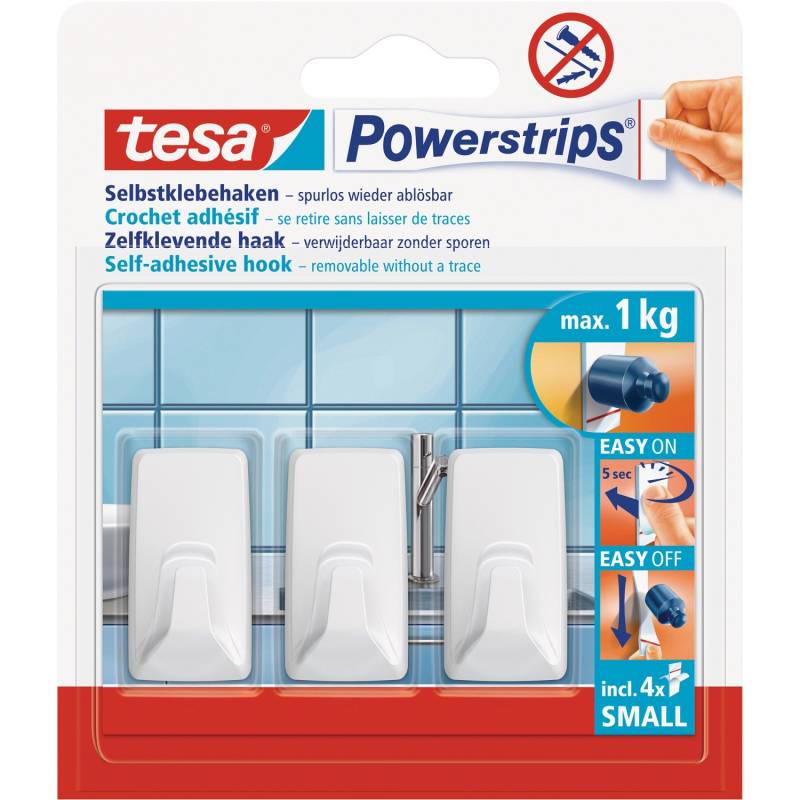 Tesa Selbstklebehaken Kunststoff 3 Stück mit 4 x Powerstrips Small von Tesa
