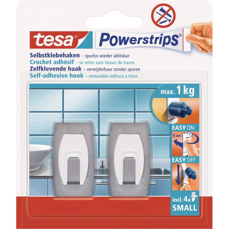 Tesa Selbstklebehaken Metall-Weiß konvex 2 Stück mit 4 x Powerstrips Small von Tesa