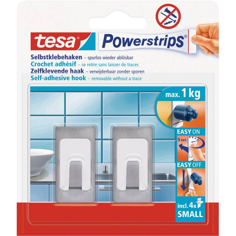 Tesa Selbstklebehaken Metall-Weiß rechteckig 2 Stück mit 4 x Powerstrips Small von Tesa